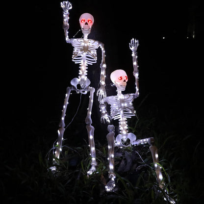 Halloween Decorations Outdoor Skeletons Set - 2 Pack 36" (90cm) Light Up Skeleton with LED Lights & 2 Red Eyes, Poseable Full Body, Indoor Halloween Decor for Yard, Porch (White)