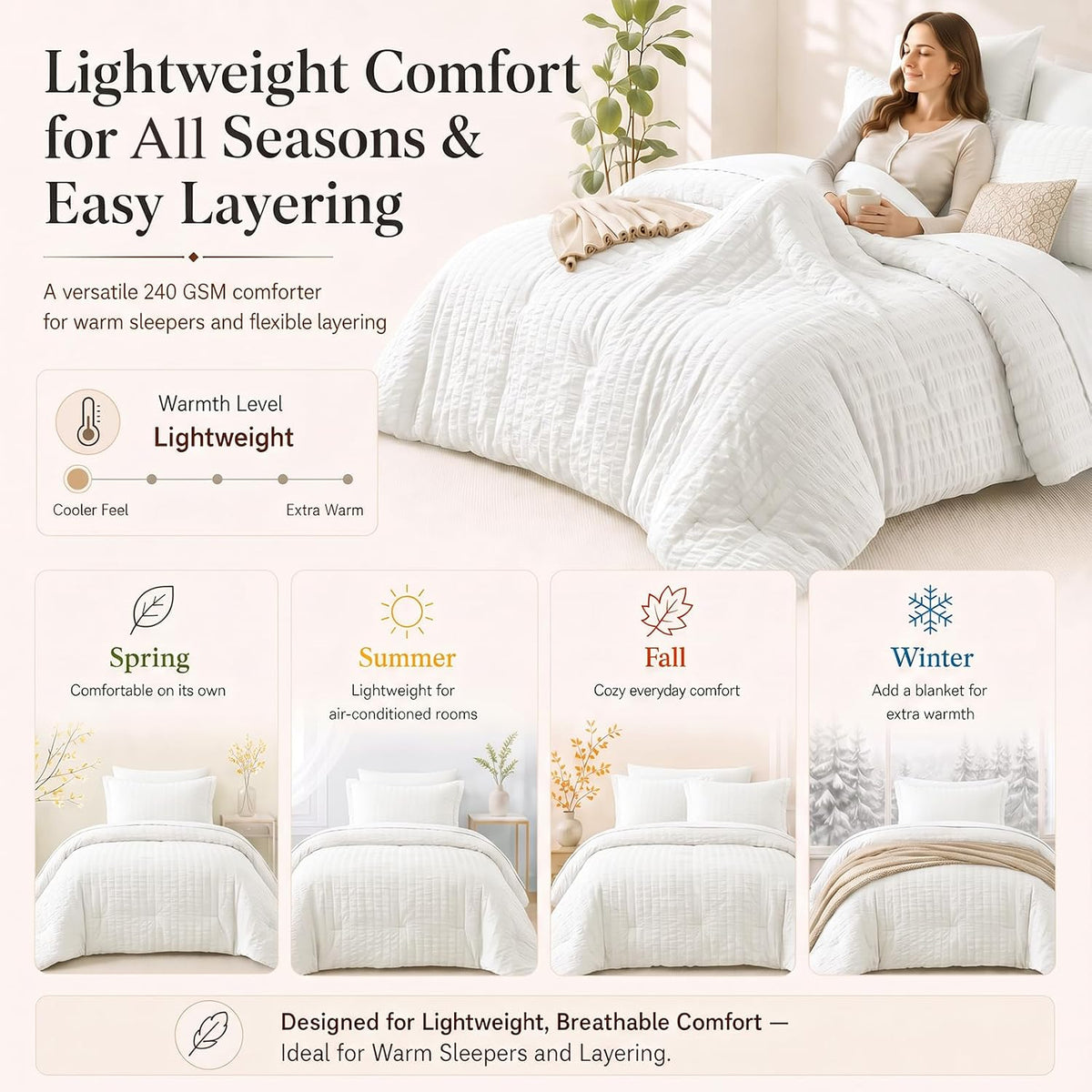 cozylux queen comforter set, 7 pieces white seersucker, front angle view