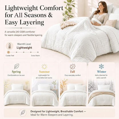 cozylux queen comforter set, 7 pieces white seersucker, front angle view
