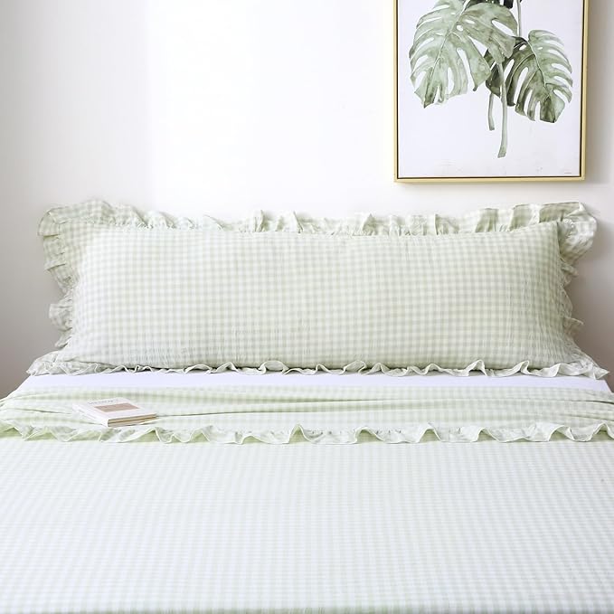 Pile Green White Plaid Ruffled Gingham Body Pillow Cover, 100% Washed Cotton - Image 2