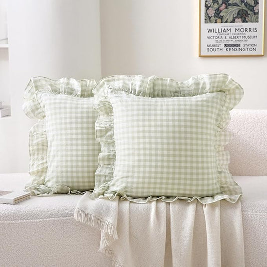 2 Pack Pile Green White Plaid Ruffle Gingham Throw Pillow Covers, 100% Washed by KMASANIJI