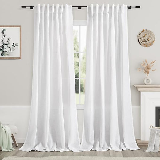 White Semi Sheer Linen Curtains 95 inch Length by Nanspring