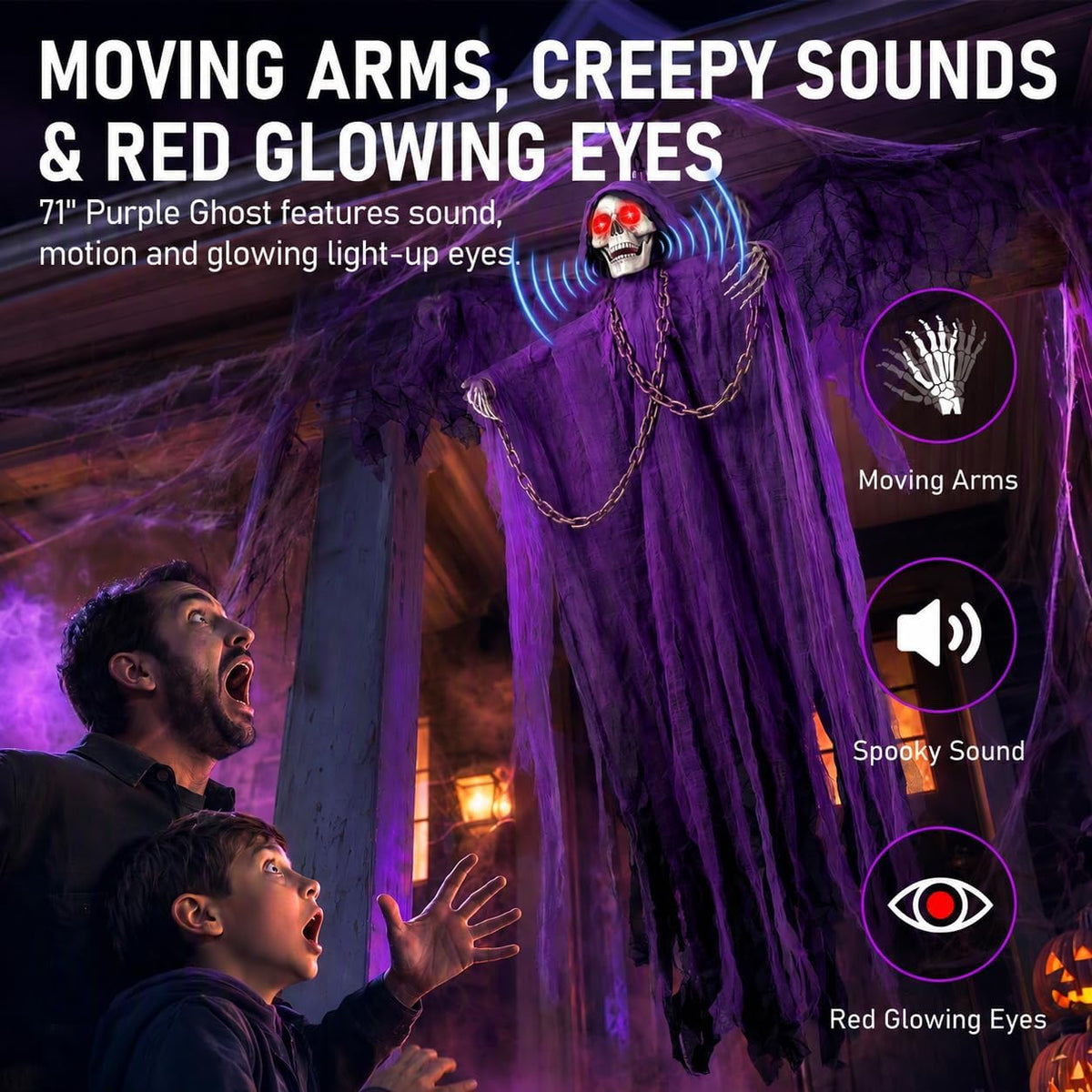 71" Halloween Hanging Skeleton Ghosts with Moving Grabbing Arm, Scary Sound & Glowing Red Eyes, 3 Pack Halloween Decorations Outdoor Flying Grim Reaper Set for Yard Porch Haunted House Props Décor