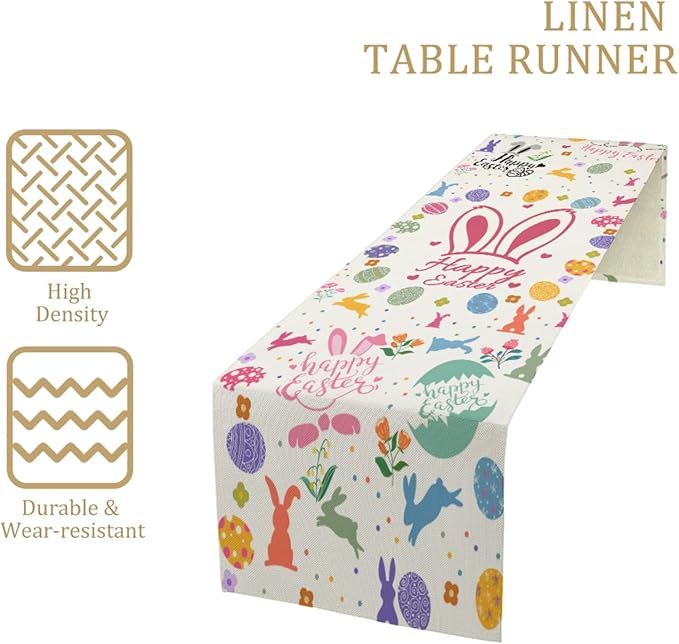 Happy Easter Table Runner, Easter Rabbits Linen Farmhouse Table Runners - Image 3