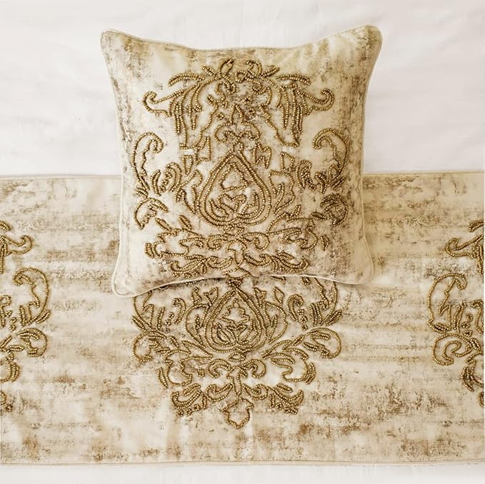 The HomeCentric King/Queen/Twin Ivory & Gold Designer CA King 86"x18" Bed - Image 3