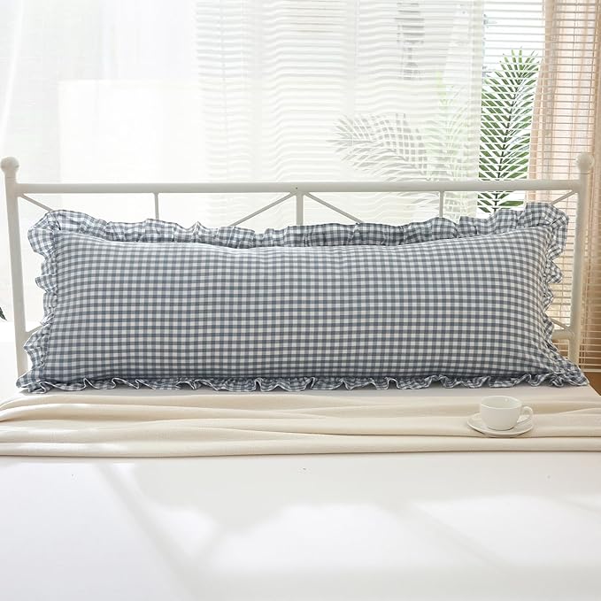 Dust Blue White Plaid Gingham Ruffle Body Pillow Cover, 100% Washed Cotton - Image 7