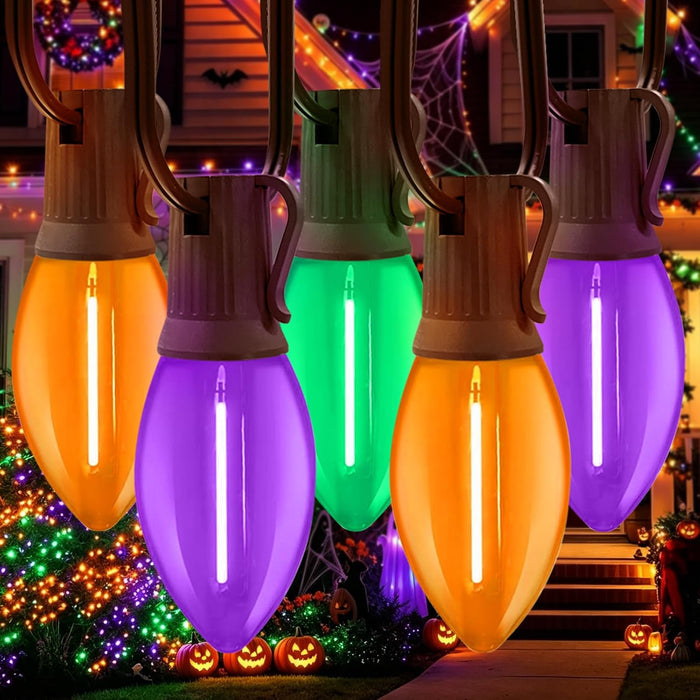 LAMPHOME C9 25FT 25 LED Orange Purple Green Halloween Lights, Vintage String Lights with Brown Wire, Waterproof Indoor Outdoor Hanging Decor for Garden, Patio, Christmas & Spooky Party