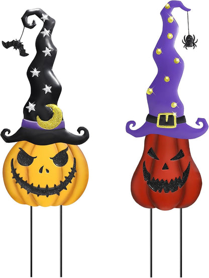 Halloween Garden Stakes - 2 Pack Stacked Metal Pumpkins with Witch Hat