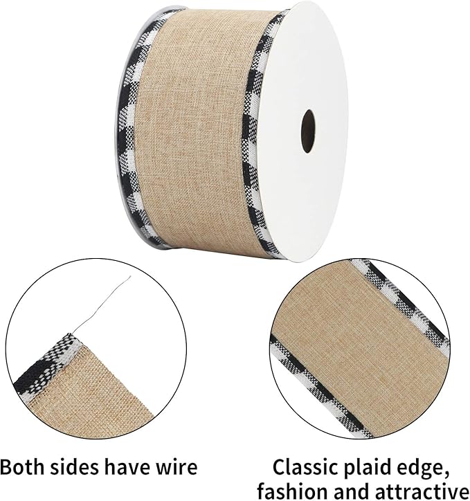 MEEDEE Burlap Christmas Ribbon Wired 2.5 Inch Plaid - Image 4