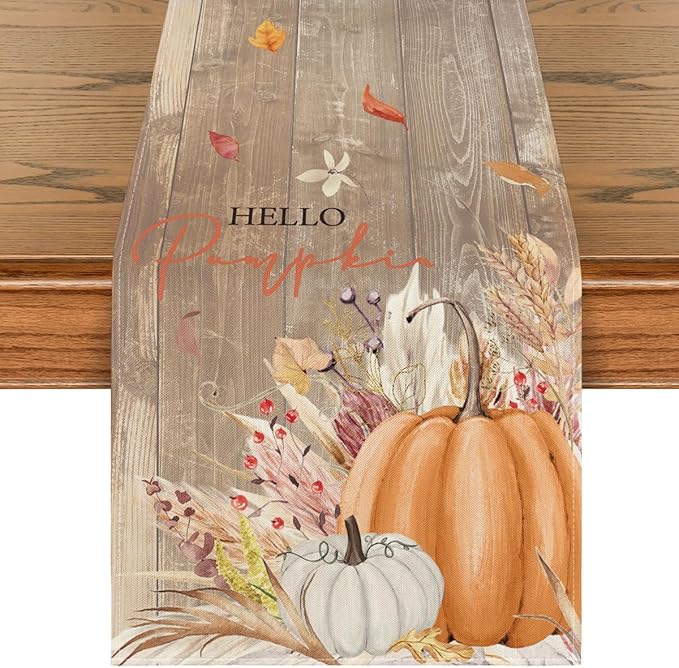 Artoid Mode Wood Hello Pumpkin Leaves 210 GSM Fall Table Runner, Seasonal by ArtoidMode