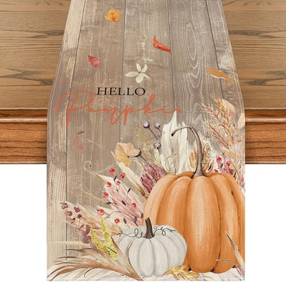 Artoid Mode Wood Hello Pumpkin Leaves 210 GSM Fall Table Runner, Seasonal by ArtoidMode