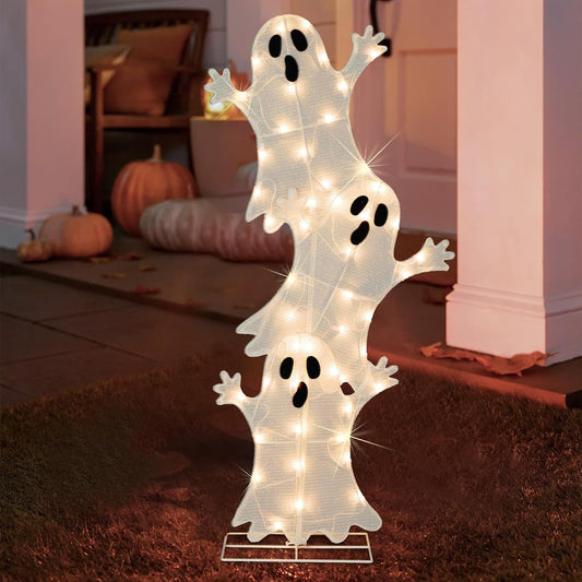 Halloween Lighted 3 Stacked Ghosts, 42’’ H Pre-Lit Lighted Ghosts with 50 Warm White Lights, Light Up Halloween Ghost Decoration for Indoor, Outdoor, Porch, Yard, Holiday Decor