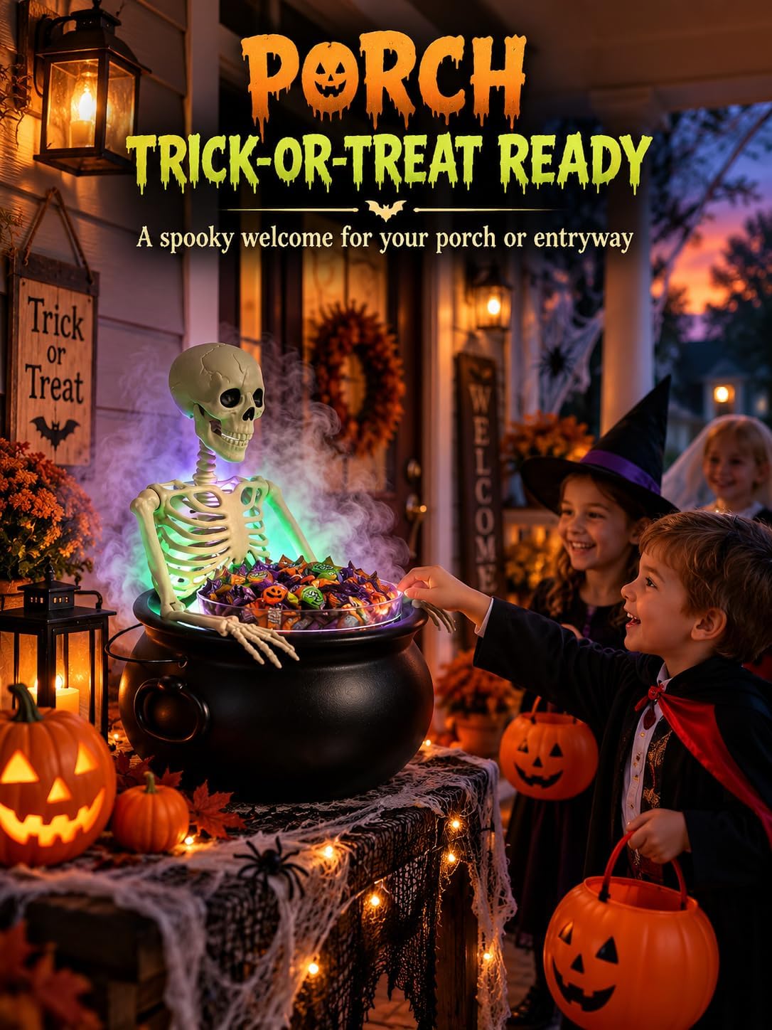 HOMELEX Halloween Cauldron Candy Bowl with Skeleton, LED Mist Maker Decor for Porch Party Table