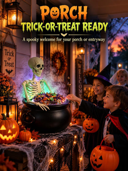 HOMELEX Halloween Cauldron Candy Bowl with Skeleton, LED Mist Maker Decor for Porch Party Table