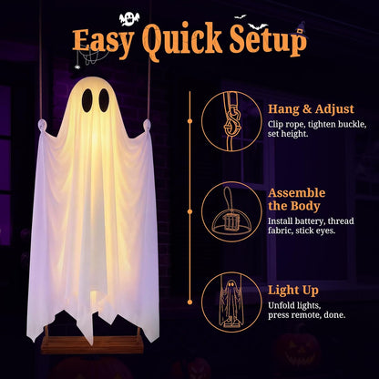 Large 5 FT Hanging Ghost Decor, Swing Ghost Halloween Decorations Outdoor