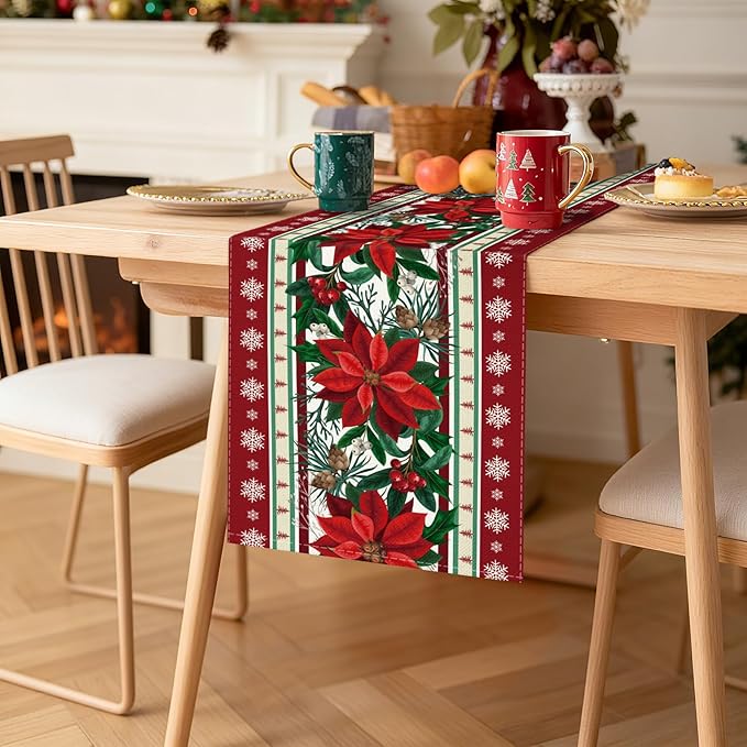 OTOSTAR Snow Holly Pinecone Christmas Red Flower Table Runner, Xmas Seasonal - Image 8