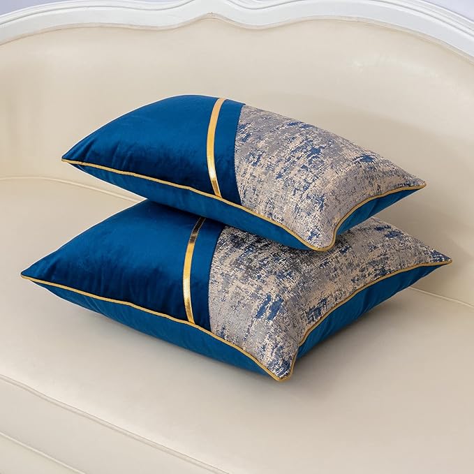 Alerfa 20 x 20 Inch Navy Blue Beige Gold Leather Patchwork Velvet & Polyester - Image 4