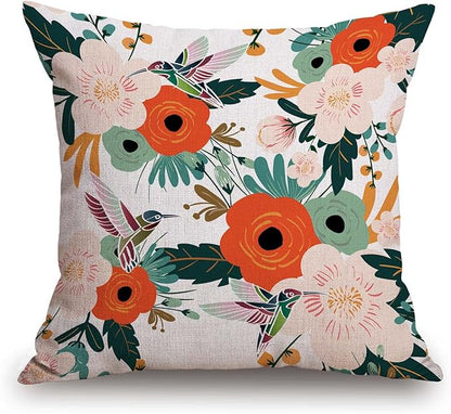TSSOHU Flower and Hummingbird Pillow Cover Cotton Linen Spring Red Flower Green by TSSOHU