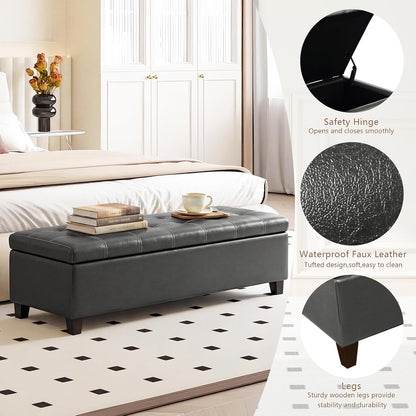 joveco 51 inch storage bench,leather tufted storage ottoman, side view