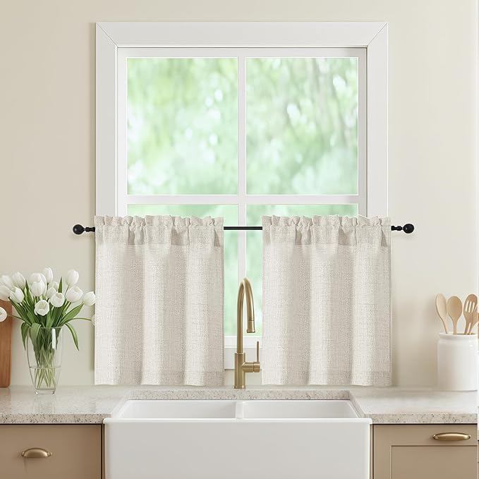 Natural Kitchen Curtains 24 Inch Length 2 Panels, Light Filtering Faux Linen by WelvetBLK