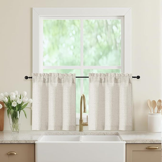 Natural Kitchen Curtains 24 Inch Length 2 Panels, Light Filtering Faux Linen by WelvetBLK