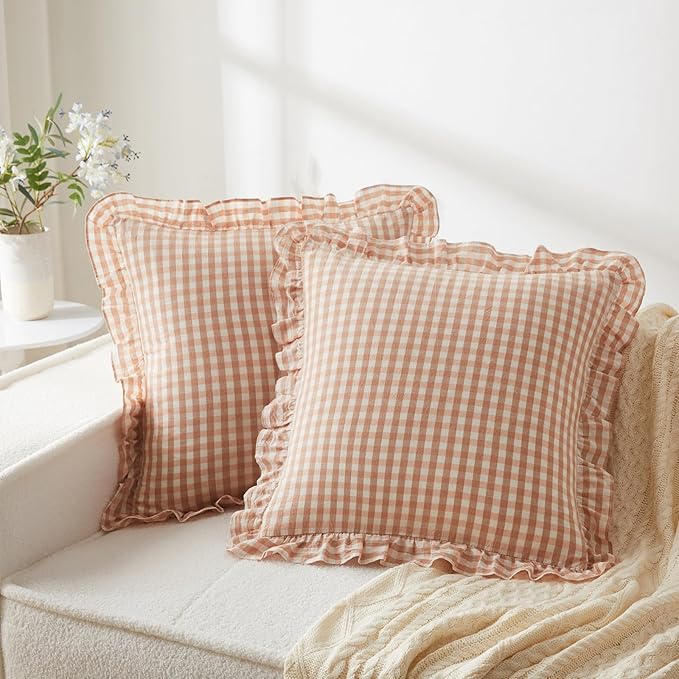 KKJIAF Ruffle Gingham Pillow Covers 26 x 26 Inches, Cotton Plaid Throw Pillow by KKJIAF