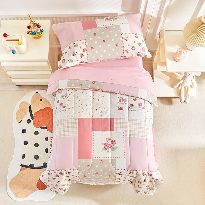 Joyreap 4 Piece Cotton Toddler Bedding Set- Pink Flower Plaids Patchwork Design by Joyreap