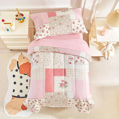 Joyreap 4 Piece Cotton Toddler Bedding Set- Pink Flower Plaids Patchwork Design by Joyreap