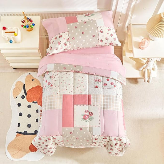 Joyreap 4 Piece Cotton Toddler Bedding Set- Pink Flower Plaids Patchwork Design by Joyreap