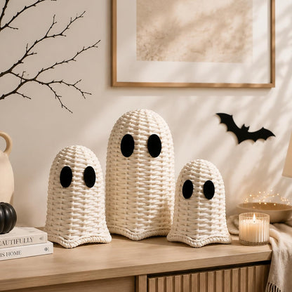 Geelin White 3 Pcs Halloween Rattan Wicker Ghosts Decoration Cute Farmhouse Ghost Figurines for Table Tray Shelf Desk Tiered Tray Centerpieces Indoor Tabletop Halloween Decor