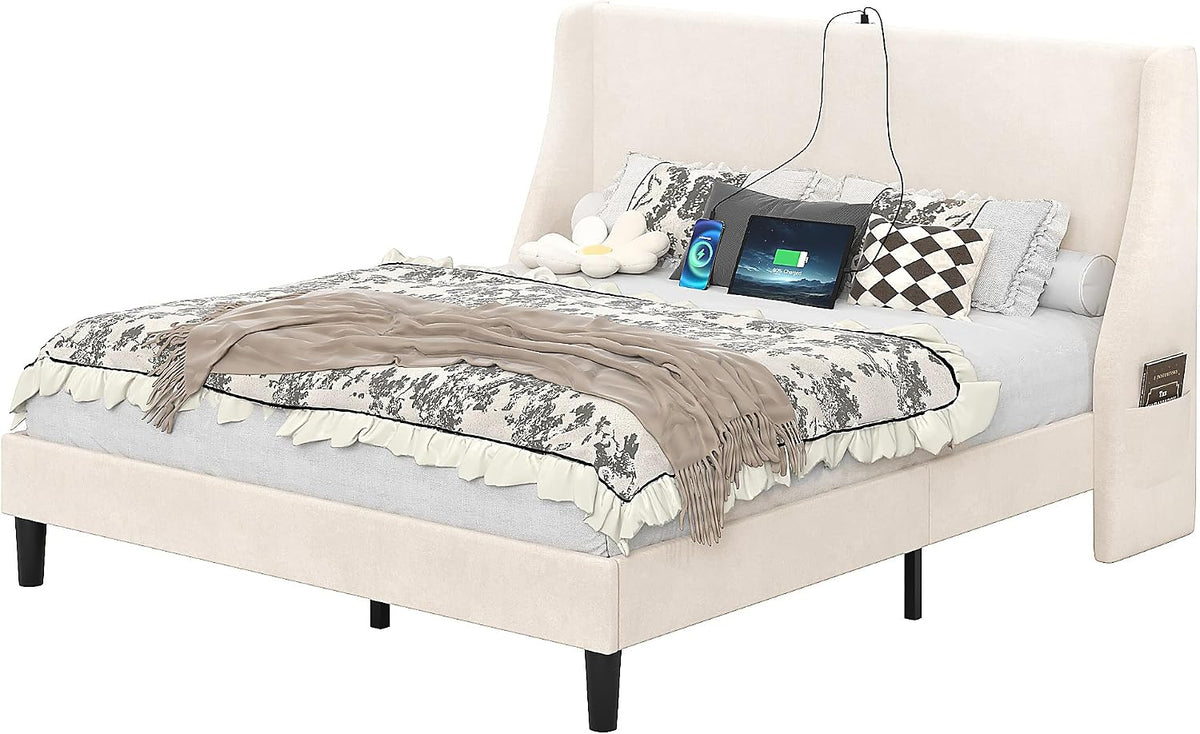 vecelo queen bed frame with upholstered wingback headboard, front angle view
