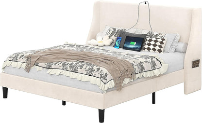 vecelo queen bed frame with upholstered wingback headboard, front angle view
