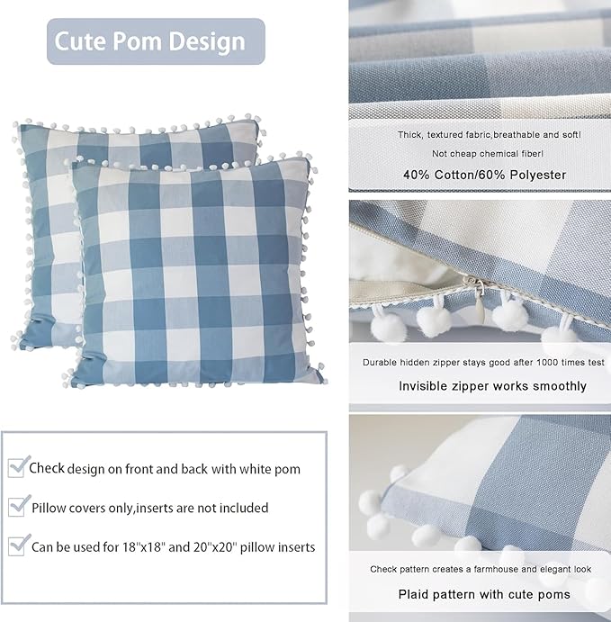 HOPLEE Farmhouse Light Blue Pillow Covers 24x24 Buffalo Check Pillows Covers - Image 3