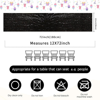 B-COOL Sequin Black Table Runner: 8 Pack 12x72Inch Glitter Decoration Sparkly Fabric for Halloween Graduation Holiday Birthday Outdoor Table Decor