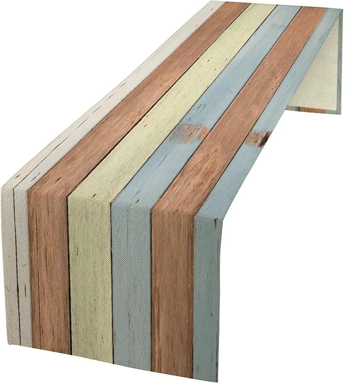 Blue White Fresh Wood Table Runner Abstract Strip Wood Texture Kitchen Dinner by ZhiRain