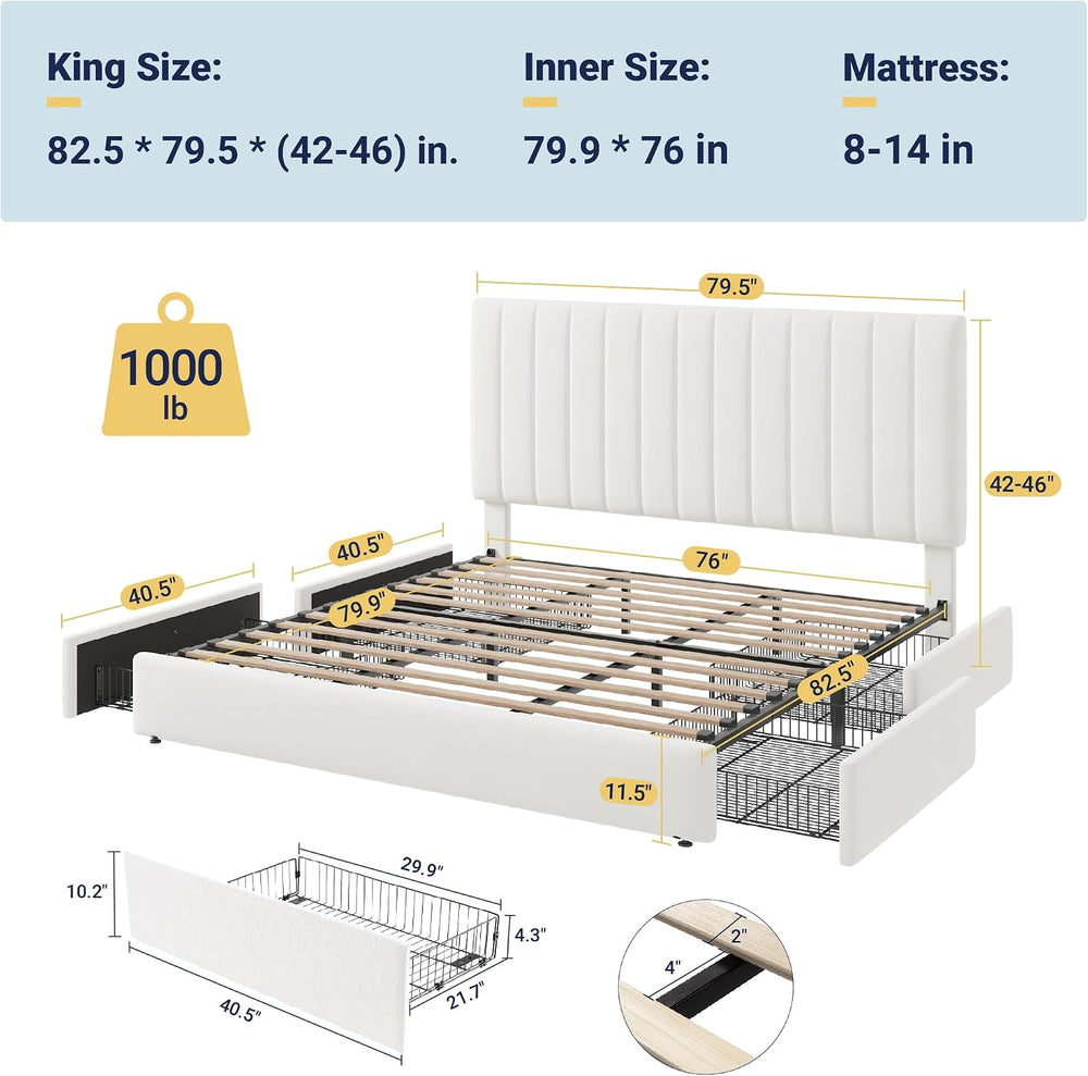 Allewie King Size Storage Bed Frame, Vertical Channel Tufted Adjustable Headb...
