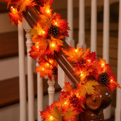 Fall Decorations Lighted Fall Garland with Pinecones and Berries, 9FT 50 Incandescent Bulb UL Certified Connectable Lush and Thicker Fall Garland with Lights for Halloween Thanksgiving Decor(2Packs)