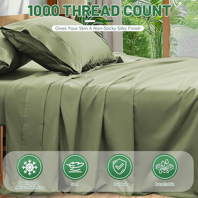 100% Egyptian Cotton Sheets King Size 1000 Thread Count Sateen Weave Soft - Image 2