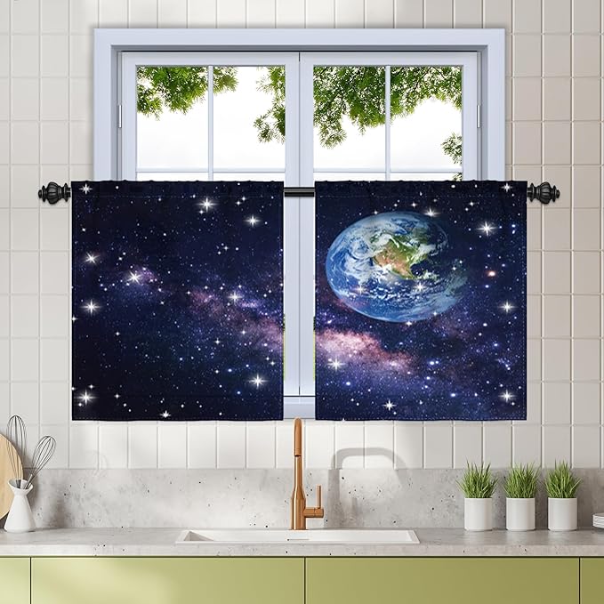 Renaiss 26 x 24 Inch Earth Galaxy Bedroom Window Curtains Outer Space View by Renaiss
