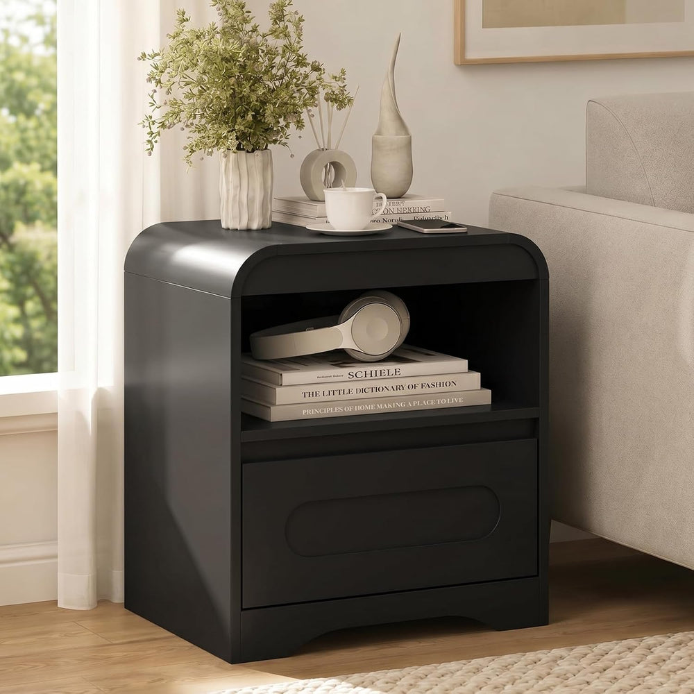 Wood Nightstand with Drawers, Curved Bedside Side End Table w/Open Storage