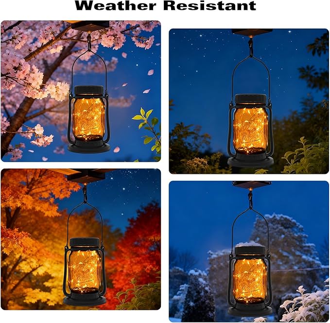Mason Jar Lights - Solar Lantern Outdoor Waterproof, Hanging Solar Lights for Outside, Halloween, Fairy Twinkle Glass Decorative Lamp for Yard, Patio, Garden, Porch, Table, Wedding, Pack 2 (2 Pack)