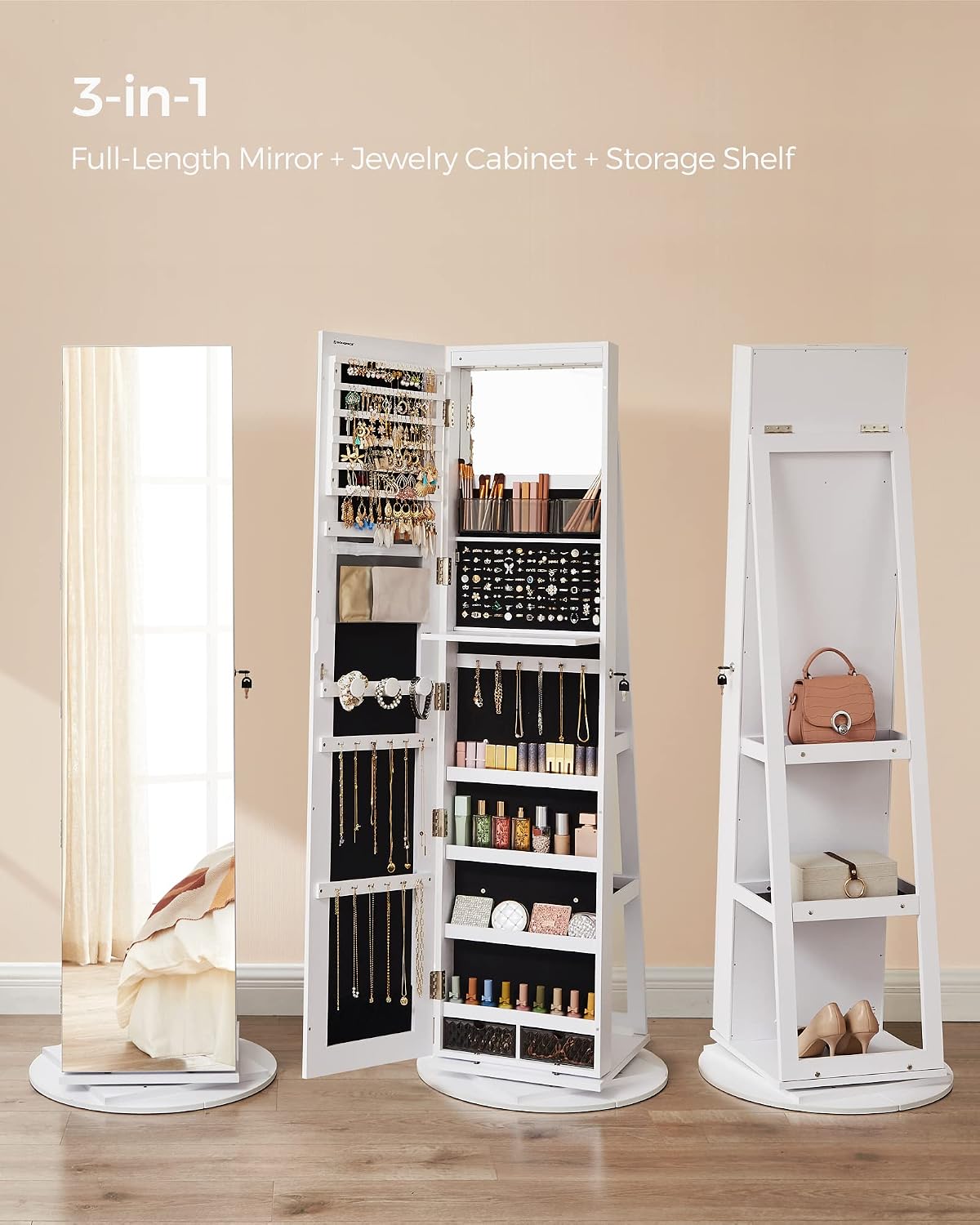 songmics 6 leds mirror jewelry cabinet organizer, 360°, close-up detail