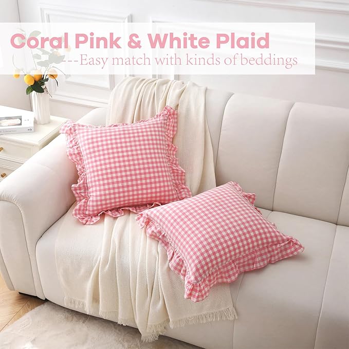 2 Pack Coral Pink White Plaid Ruffle Gingham Throw Pillow Covers, 100% Washed - Image 2