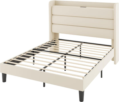 allewie full size upholstered bed frame with charging, front angle view
