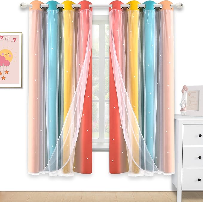 Kinryb Nursery/Kids/Girls Room Star Cut Out Blackout Rainbow Curtain by Kinryb