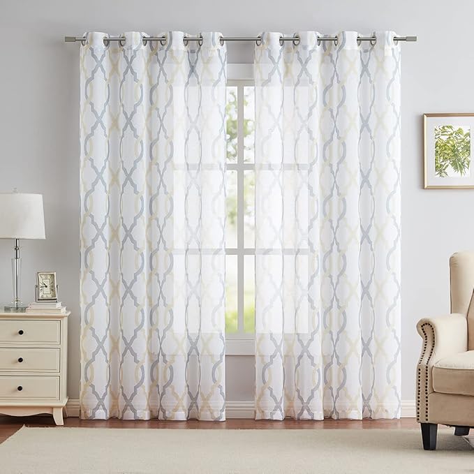 Gold Yellow Grey Moroccan Semi Sheer Curtains 54 Inches Long 52''W, Light - Image 8
