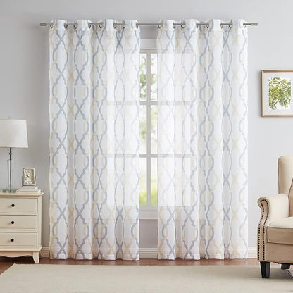 Gold Yellow/Grey Sheer Window Curtain Panels 63 Inches Length 52'' W, 2 Panels - Image 8