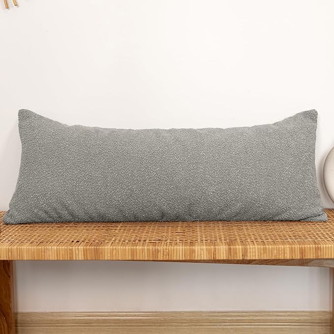14x36 inch Boucle Lumbar Pillow Cover, Light Gray Woven Texture Neutral Long by JoraLion