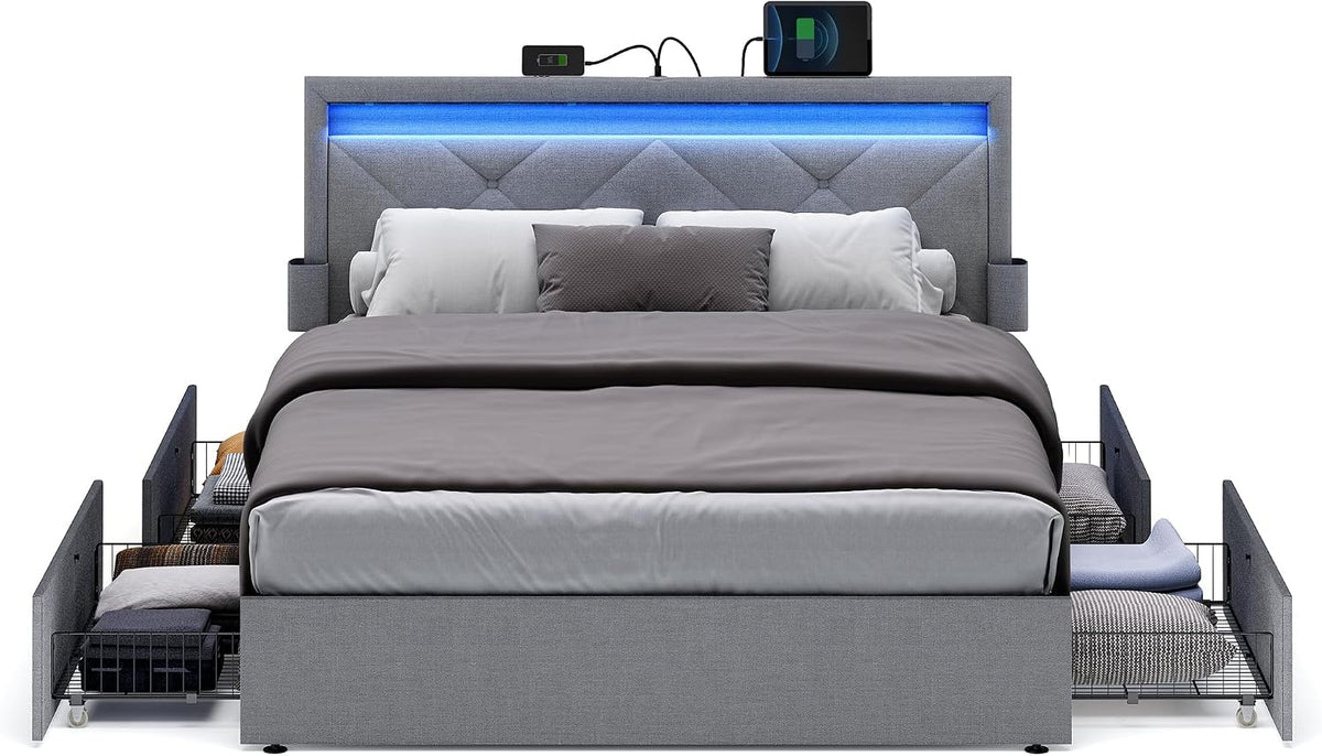 vasagle queen bed frame, 4 storage drawers on, main product view