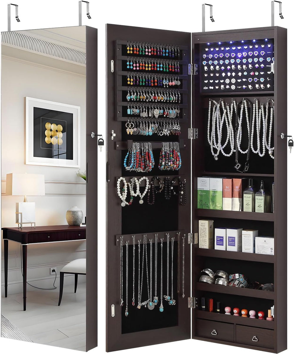 GISSAR Full Length Mirror Jewelry Cabinet, 6 LEDs Jewelry Armoire Wall Mounte...